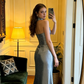 Slim Silky Satin Corset Prom Gown ,Sparkly Blue Maxi Evening Dress RS1997