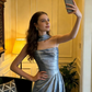 Slim Silky Satin Corset Prom Gown ,Sparkly Blue Maxi Evening Dress RS1997