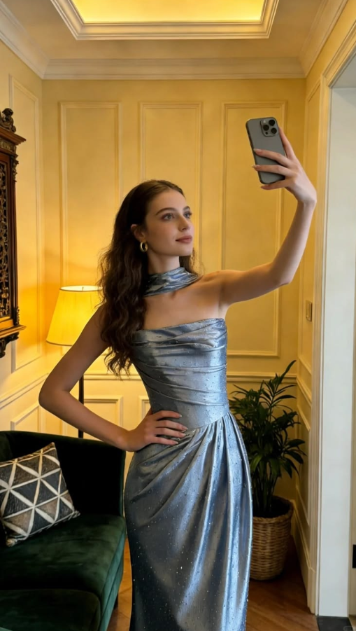 Slim Silky Satin Corset Prom Gown ,Sparkly Blue Maxi Evening Dress RS1997