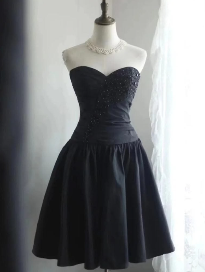 Beaded Satin Corset Homecoming Dress , Minimalist Black Short Prom Dress Cami Dress RS1973