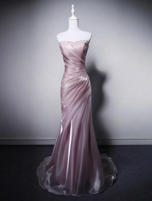 Silky Satin Bodycon Prom Gown ,Sparkly Pink Maxi Evening Dress RS2001