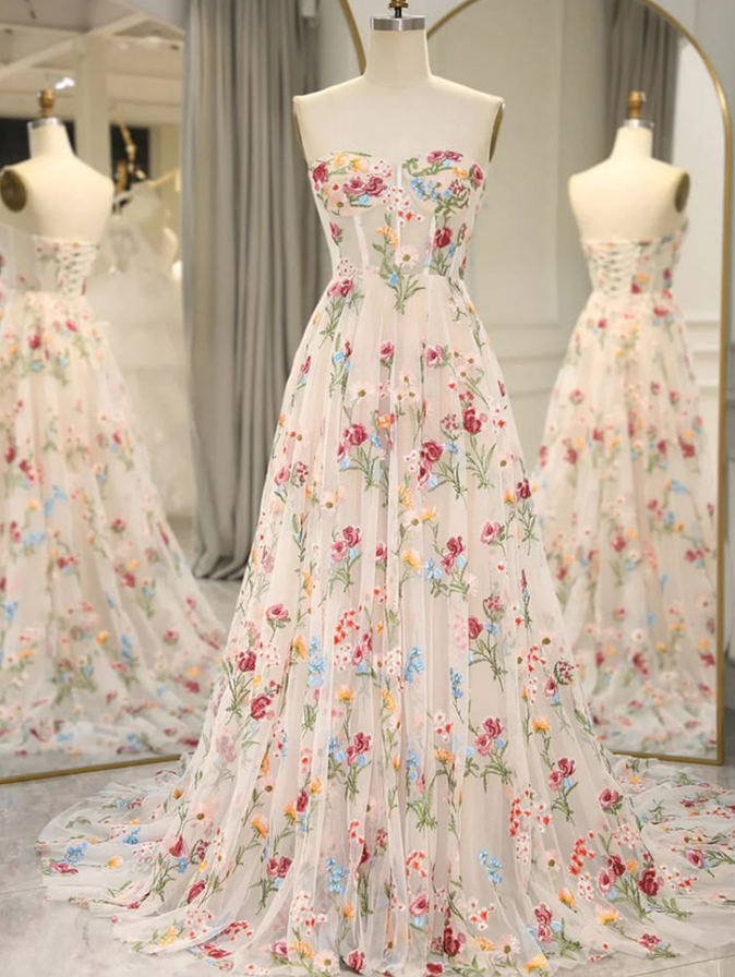 Chiffon Floral Prom Gown ,Fresh White Maxi Summer Dress RS2003