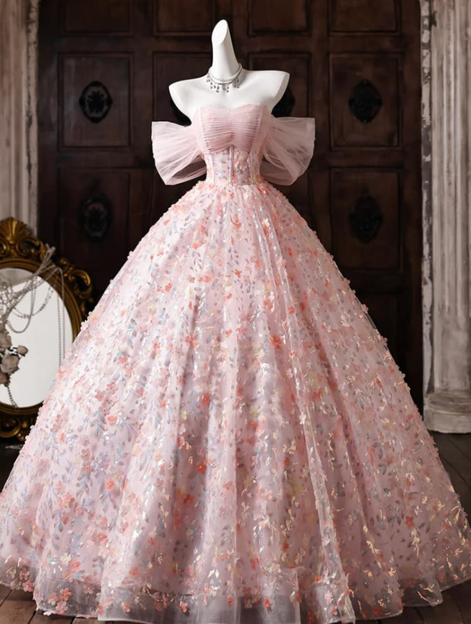 Tulle Floral Puffy Corset Prom Gown ,Dreamy Pink Maxi Birthday Dress Quinceanera Dress RS2004