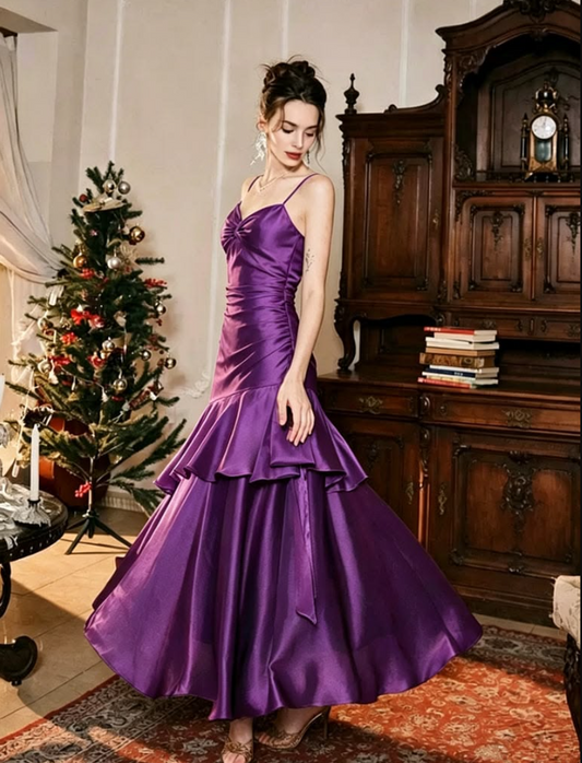 Silky Satin Tiered Bodycon Prom Gown ,Sparkly Purple Maxi Evening Dress Cami Dress RS2005