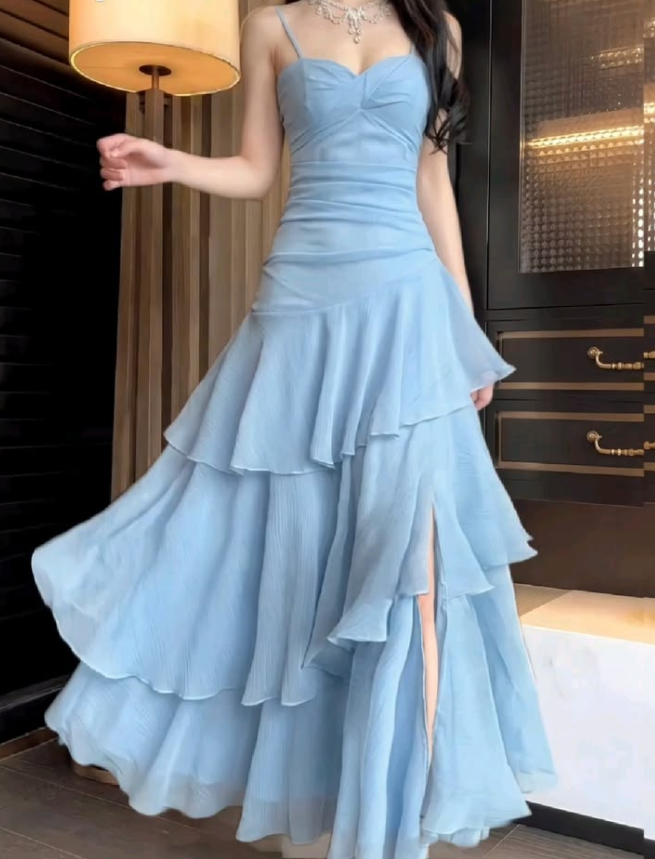 Ruffled Flowy Chiffon Prom Gown ,Fresh Blue Maxi Summer Dress Cami Dress RS2023