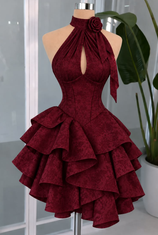 Ruffled Printed Pattern Corset Homecoming Dress , Retro Burgundy Short Prom Dress RS2016