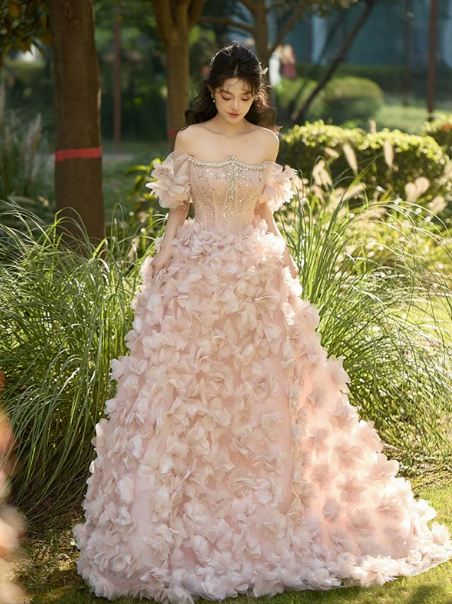 Beaded Floral Decor Puffy Prom Gown ,Gorgeous Champagne Maxi Evening Dress RS2024