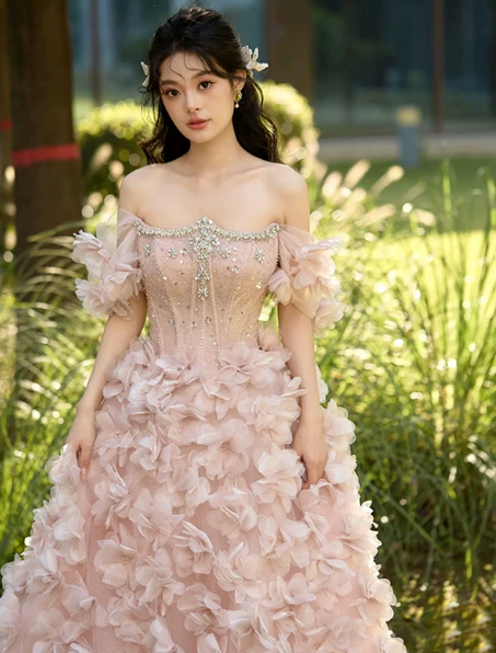 Beaded Floral Decor Puffy Prom Gown ,Gorgeous Champagne Maxi Evening Dress RS2024