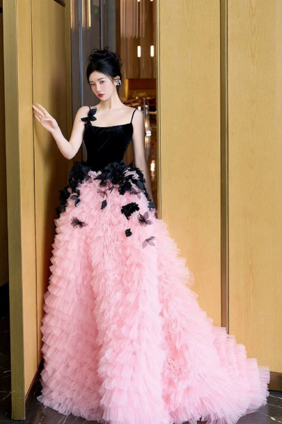 Tulle Puffy Prom Gown ,Stunning Black-pink Maxi Evening Dress Ball Gown RS2025