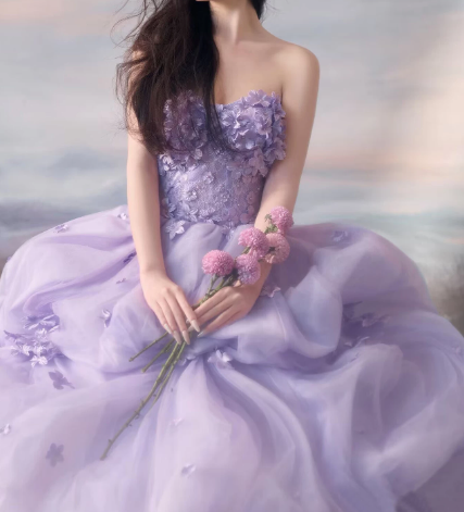 Tulle Puffy Aplique Prom Gown ,Dreamy Lavender Maxi Evening Dress Ball Gown RS2026