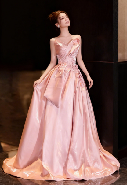 Hazy Satin Silky Prom Gown ,Gentle Pink Maxi Birthday Dress Ball Gown RS2027