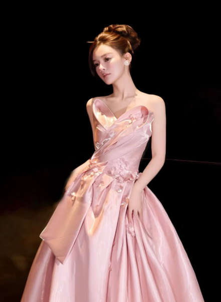 Hazy Satin Silky Prom Gown ,Gentle Pink Maxi Birthday Dress Ball Gown RS2027