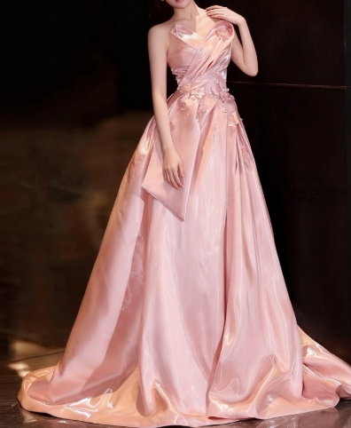 Hazy Satin Silky Prom Gown ,Gentle Pink Maxi Birthday Dress Ball Gown RS2027
