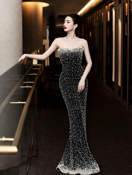 Slim Beaded Elegant Prom Gown ,Sparkly Black Maxi Evening Dress Ball Gown RS2028