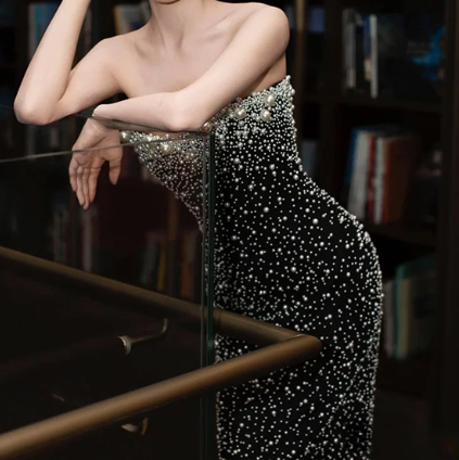 Slim Beaded Elegant Prom Gown ,Sparkly Black Maxi Evening Dress Ball Gown RS2028