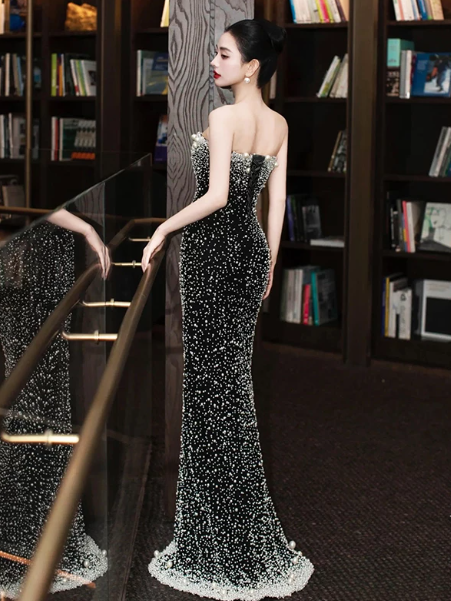 Slim Beaded Elegant Prom Gown ,Sparkly Black Maxi Evening Dress Ball Gown RS2028