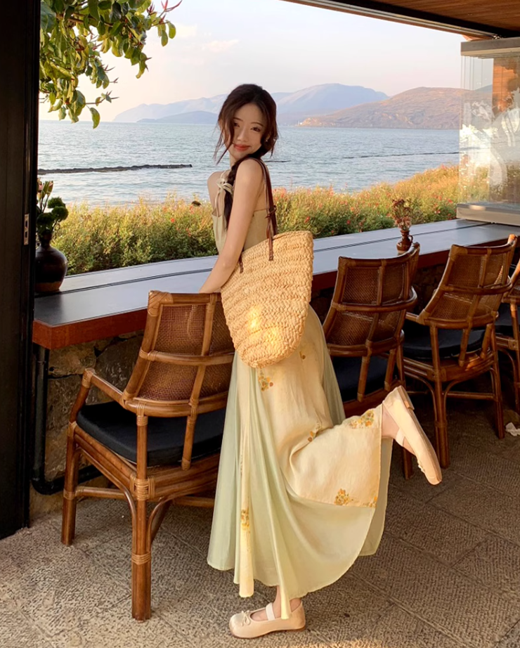 Printed suspender dress Chinese style women's clothing small size big swing v-neck long dress R1708