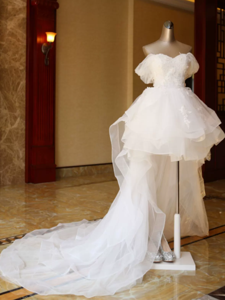 Hazy White A-Line Off-the-shoulder Tulle Puffy Corset Hi-Lo Wedding Dress RS2011