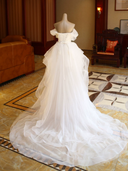 Hazy White A-Line Off-the-shoulder Tulle Puffy Corset Hi-Lo Wedding Dress RS2011