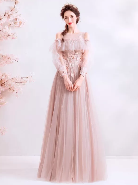 Tulle Flowy Applique Prom Gown ,Gentle Pink Maxi Evening Dress Birthday Dress RS2029
