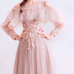 Tulle Flowy Applique Prom Gown ,Gentle Pink Maxi Evening Dress Birthday Dress RS2029