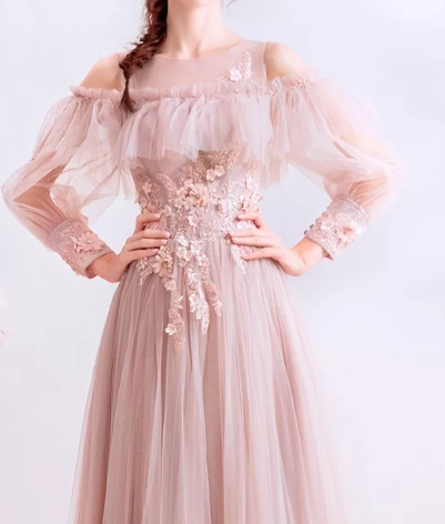 Tulle Flowy Applique Prom Gown ,Gentle Pink Maxi Evening Dress Birthday Dress RS2029