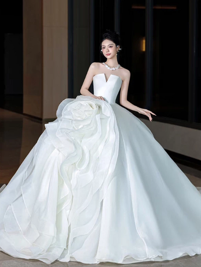 Hazy White A-Line Strapless Organza Puffy Pleated Corset Maxi Wedding Dress RS2012