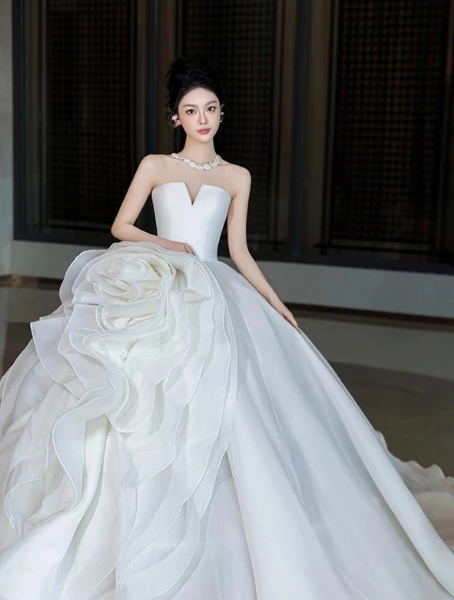 Hazy White A-Line Strapless Organza Puffy Pleated Corset Maxi Wedding Dress RS2012