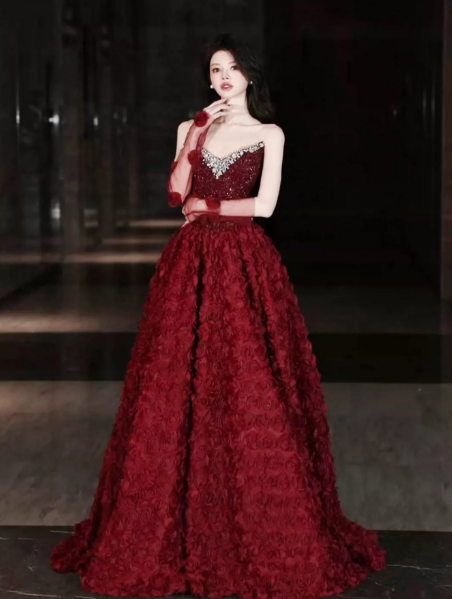Beaded Glitter Floral Decor Prom Gown ,Gorgeous Burgundy Maxi Evening Dress Ball Gown RS2030