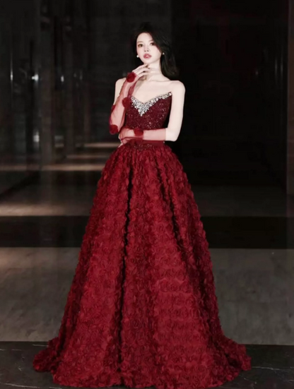Beaded Glitter Floral Decor Prom Gown ,Gorgeous Burgundy Maxi Evening Dress Ball Gown RS2030