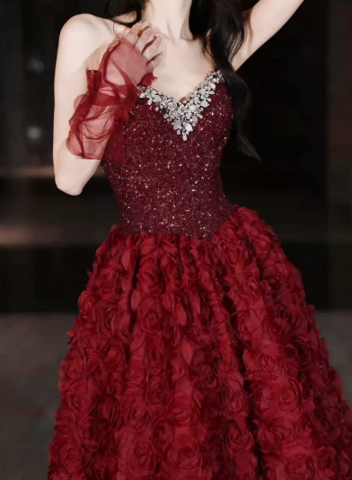 Beaded Glitter Floral Decor Prom Gown ,Gorgeous Burgundy Maxi Evening Dress Ball Gown RS2030