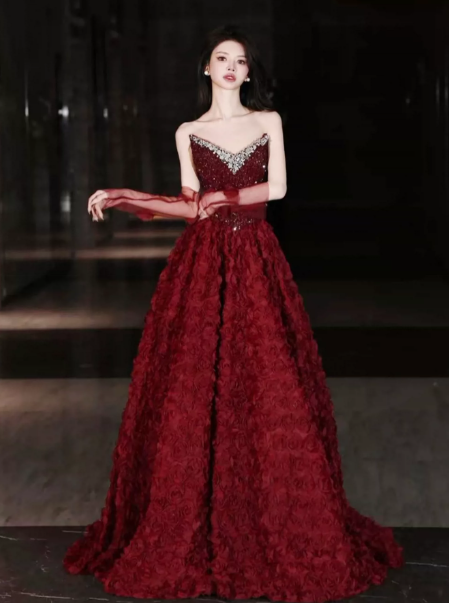 Beaded Glitter Floral Decor Prom Gown ,Gorgeous Burgundy Maxi Evening Dress Ball Gown RS2030