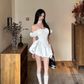 French one shoulder white strapless dress, summer dress, slim fit, waist cinching, fluffy short skirt, homecoming dress R2993