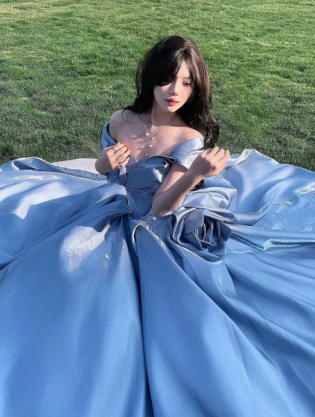 Silky Satin Prom Gown ,Sparkly Blue Maxi Evening Dress Ball Gown RS2031
