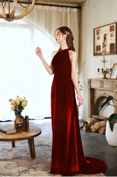 Silky Satin Halter Prom Gown ,Sparkly Burgundy Maxi Evening Dress Ball Gown RS2032