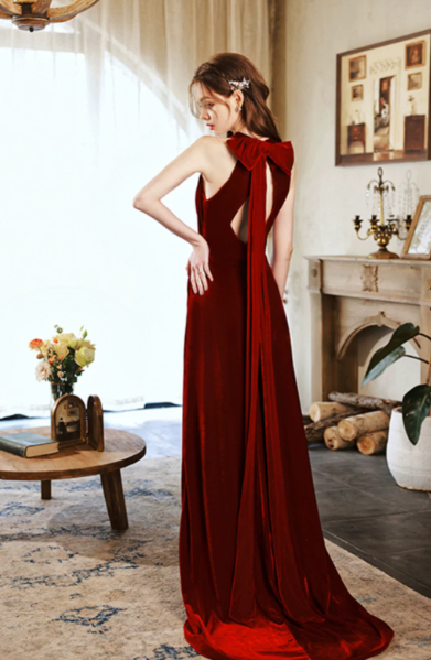 Silky Satin Halter Prom Gown ,Sparkly Burgundy Maxi Evening Dress Ball Gown RS2032
