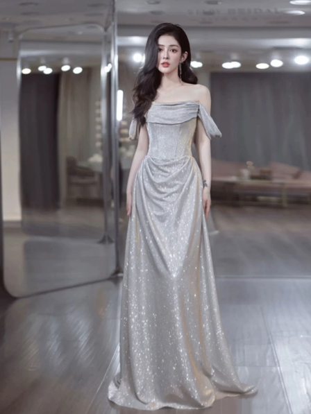Sequins Satin Glitter Prom Gown ,Sparkly Sliver Maxi Evening Dress Ball Gown RS2033