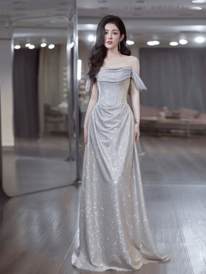 Sequins Satin Glitter Prom Gown ,Sparkly Sliver Maxi Evening Dress Ball Gown RS2033