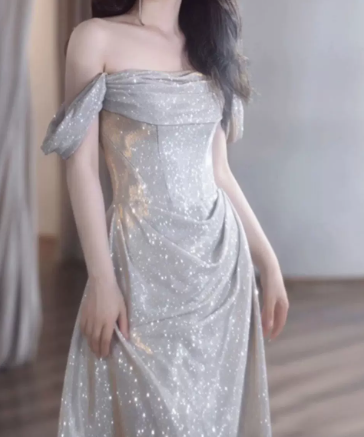 Sequins Satin Glitter Prom Gown ,Sparkly Sliver Maxi Evening Dress Ball Gown RS2033