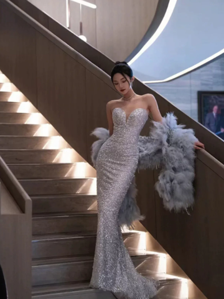 Sexy Mermaid Sequins Glitter Prom Gown ,Sparkly Sliver Maxi Evening Dress Ball Gown RS2034