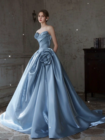 Silky Satin Hazy Prom Gown ,Sparkly Blue Maxi Evening Dress Ball Gown RS2035