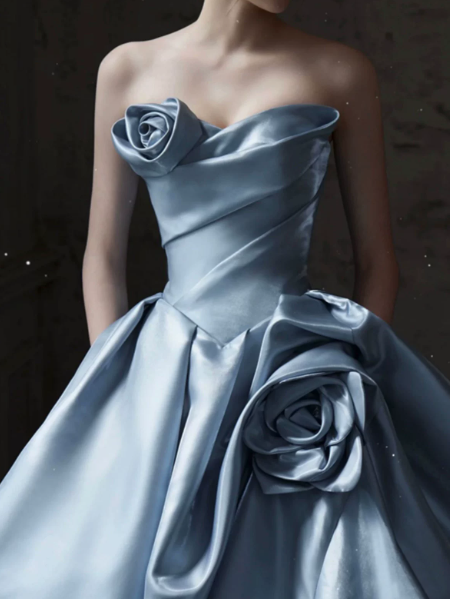 Silky Satin Hazy Prom Gown ,Sparkly Blue Maxi Evening Dress Ball Gown RS2035