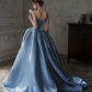 Silky Satin Hazy Prom Gown ,Sparkly Blue Maxi Evening Dress Ball Gown RS2035