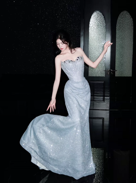 Mermaid Sequins Glitter Prom Gown ,Sparkly Sliver Maxi Evening Dress Ball Gown RS2036