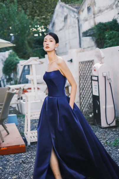 Silky Satin High-slit Prom Gown ,Elegant Navy Maxi Evening Dress Ball Gown RS2037