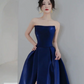 Silky Satin High-slit Prom Gown ,Elegant Navy Maxi Evening Dress Ball Gown RS2037