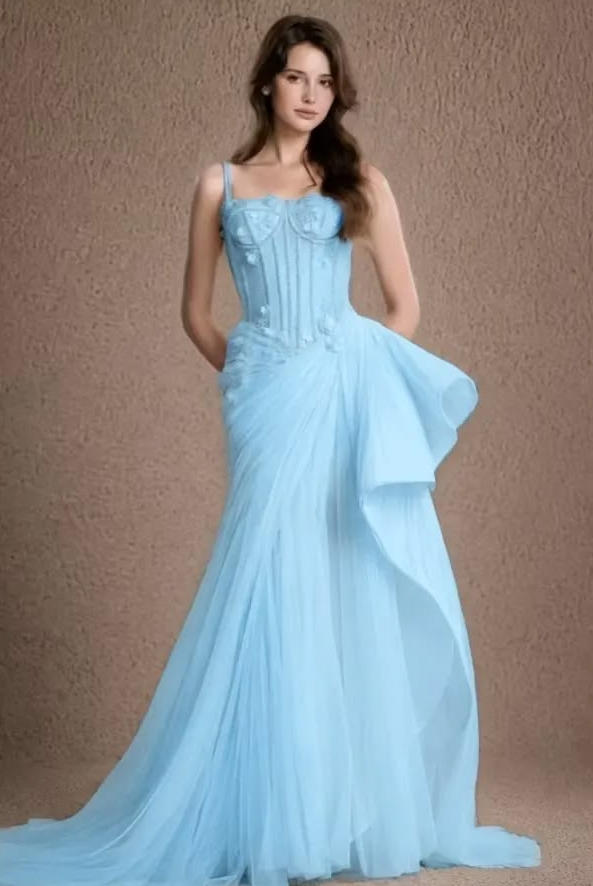 Flowy Tulle Pleated Prom Gown ,Elegant Blue Maxi Evening Dress Ball Gown RS2038