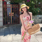 Women's French V-neck floral suspender dress waist and hip long skirt R0611