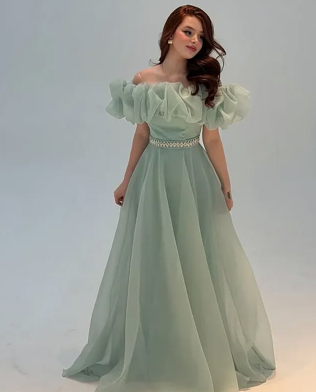 Flowy Tulle Pleated Prom Gown ,Fresh Mint Green Maxi Evening Dress RS2040