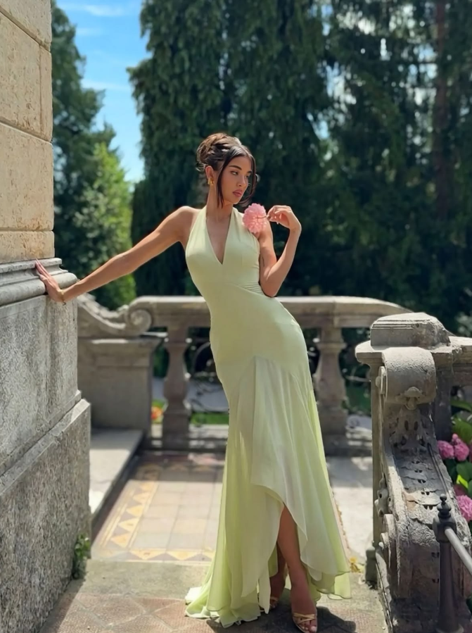 Flowy Chiffon Corset Prom Gown ,Fresh Pastel Yellow Maxi Summer Dress Cocktail Dress RS2043